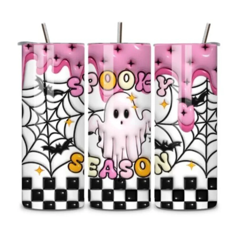 Spooky Season Pink Checker Drip 20oz Stainless Steel Tumbler